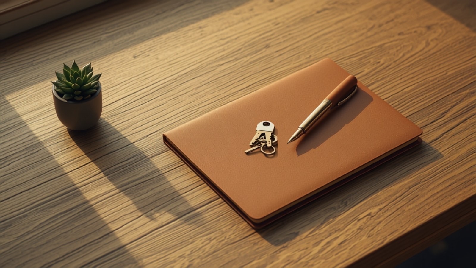 Agent's desk with a notebook, fountain pen and house keys in morning light