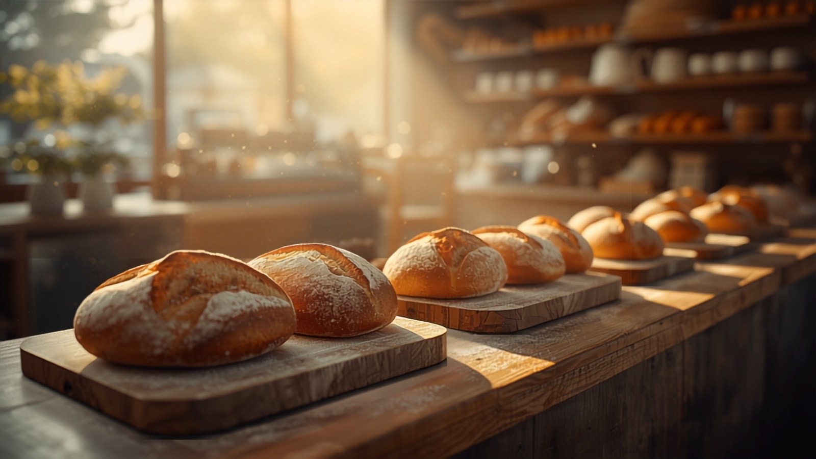 Fresh sourdough loaves on a bakery counter in soft morning light