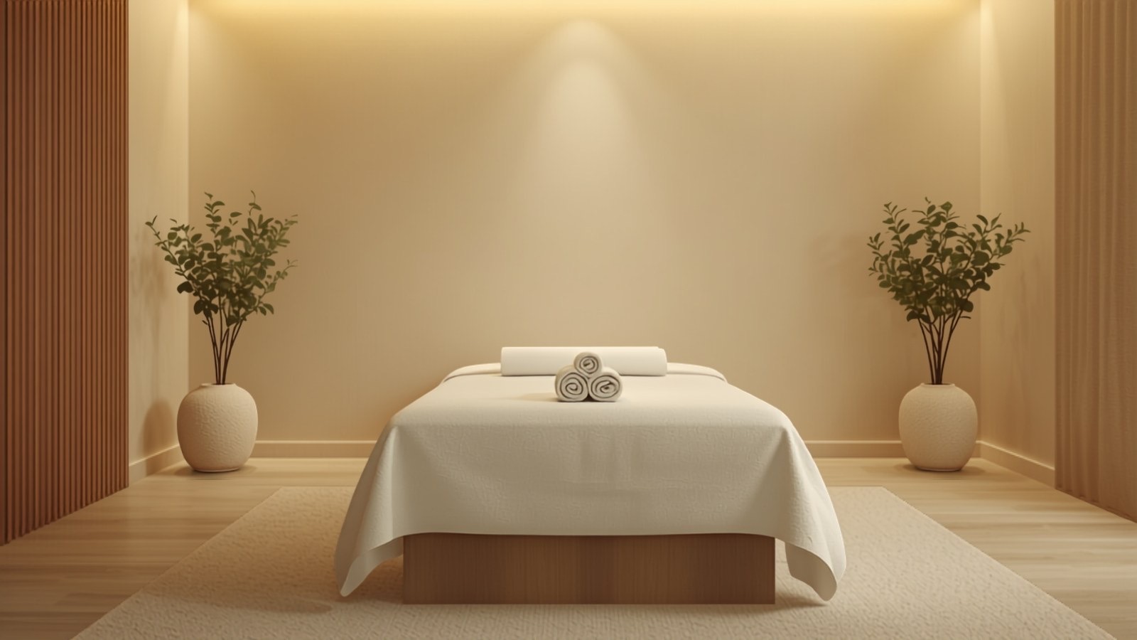Calm med spa treatment room with a spa bed and soft warm lighting
