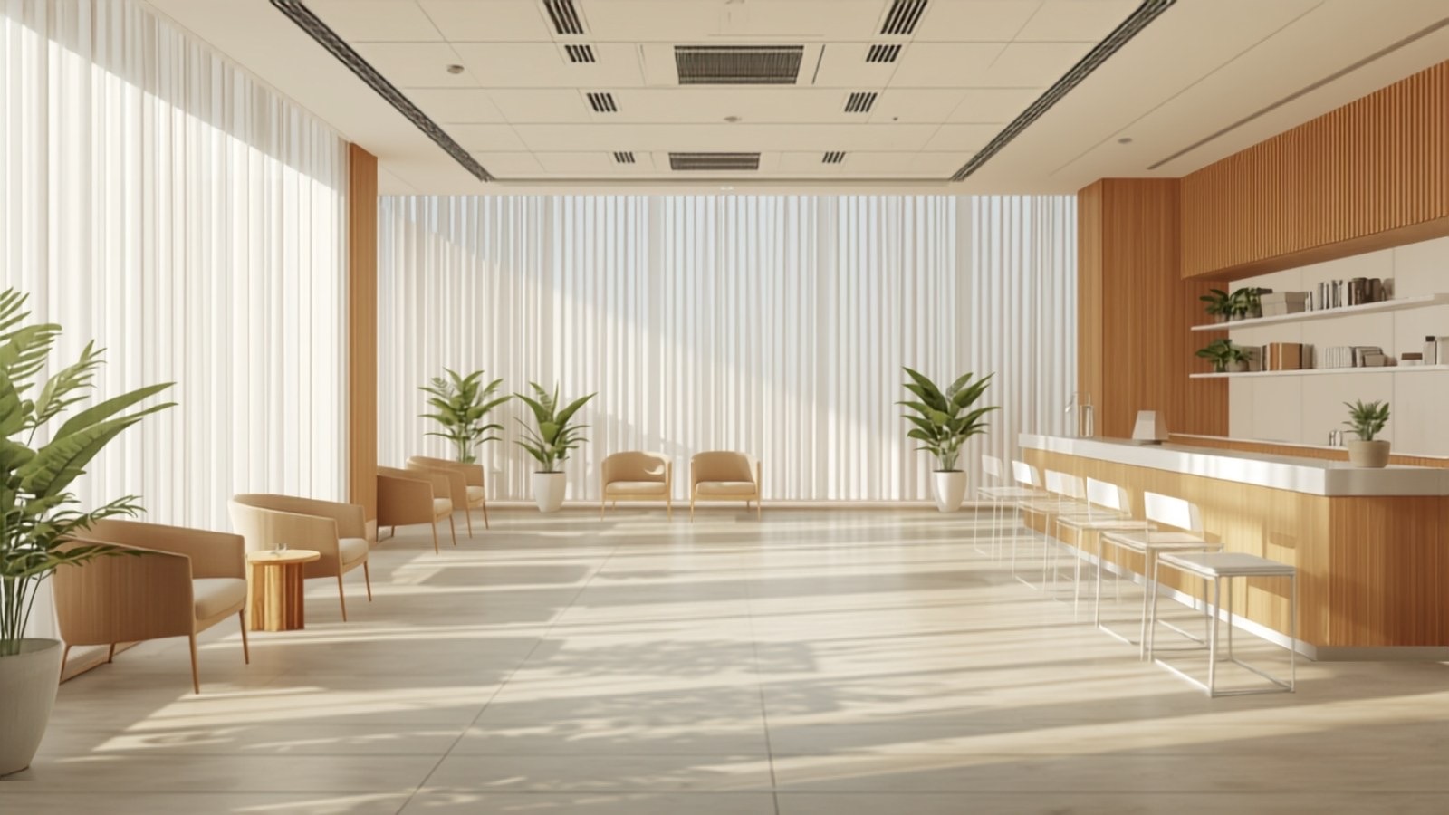 Bright modern dental clinic reception with warm wood and plants
