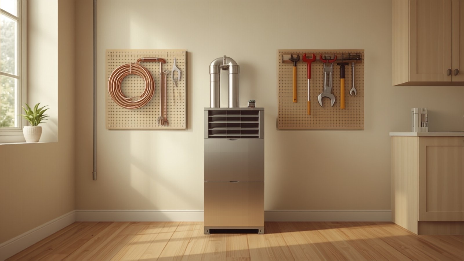 Tidy residential utility room with a modern furnace and organized tools