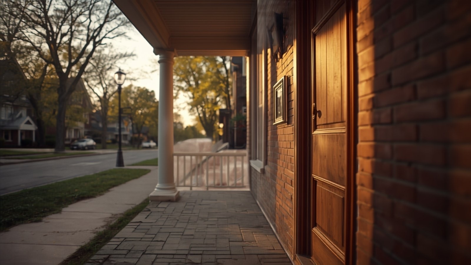 Front porch of a Toronto brick house in soft morning light