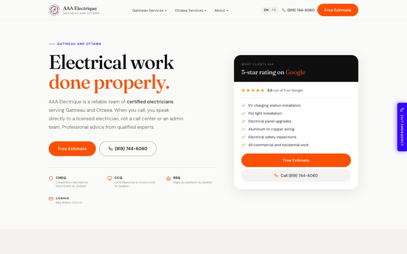AAA Electrique homepage