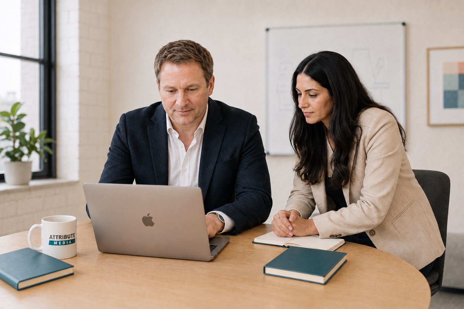 Two Attribute Media specialists reviewing gym lead campaigns together in the Toronto studio
