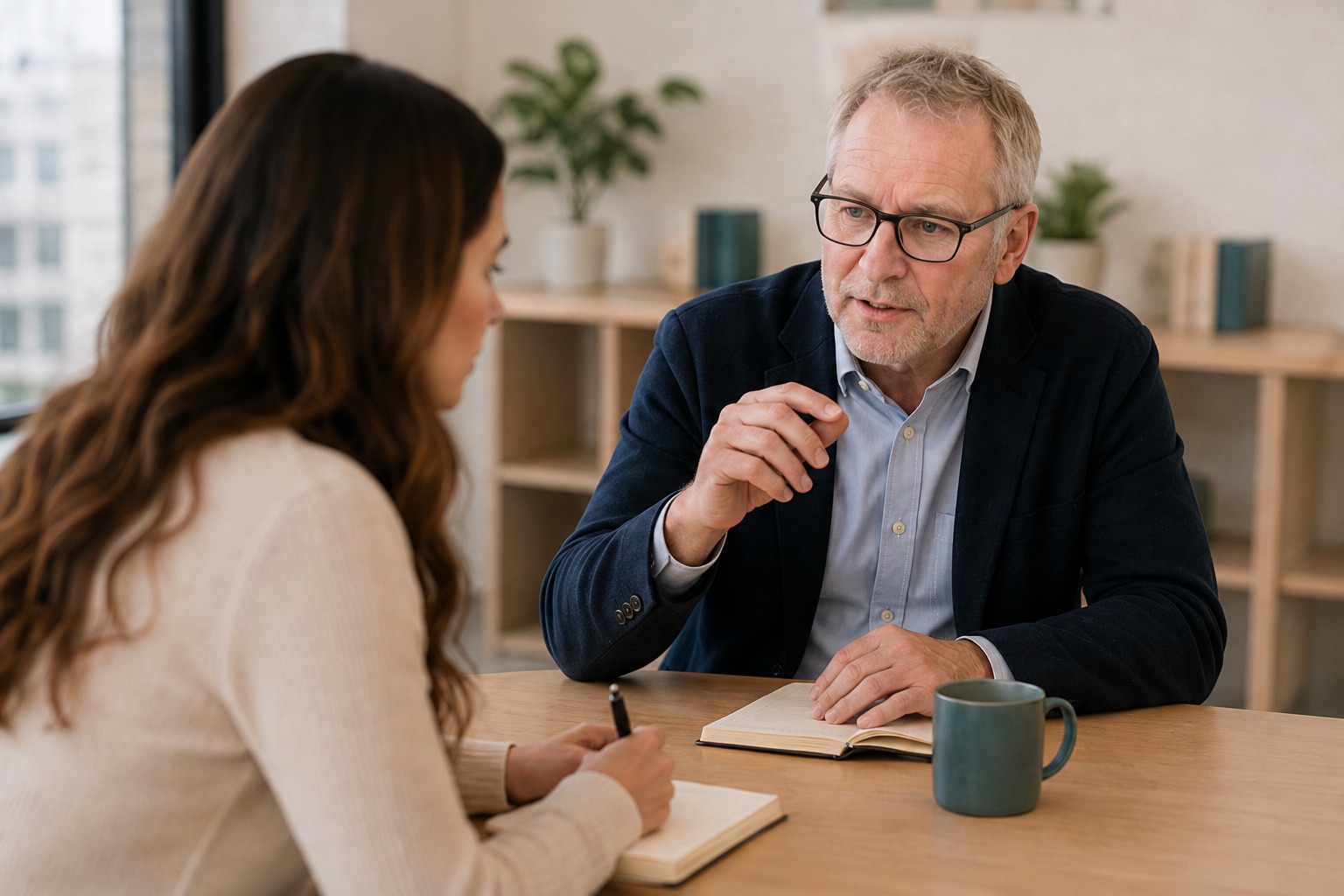 A quiet one-on-one consultation about growing a therapy practice