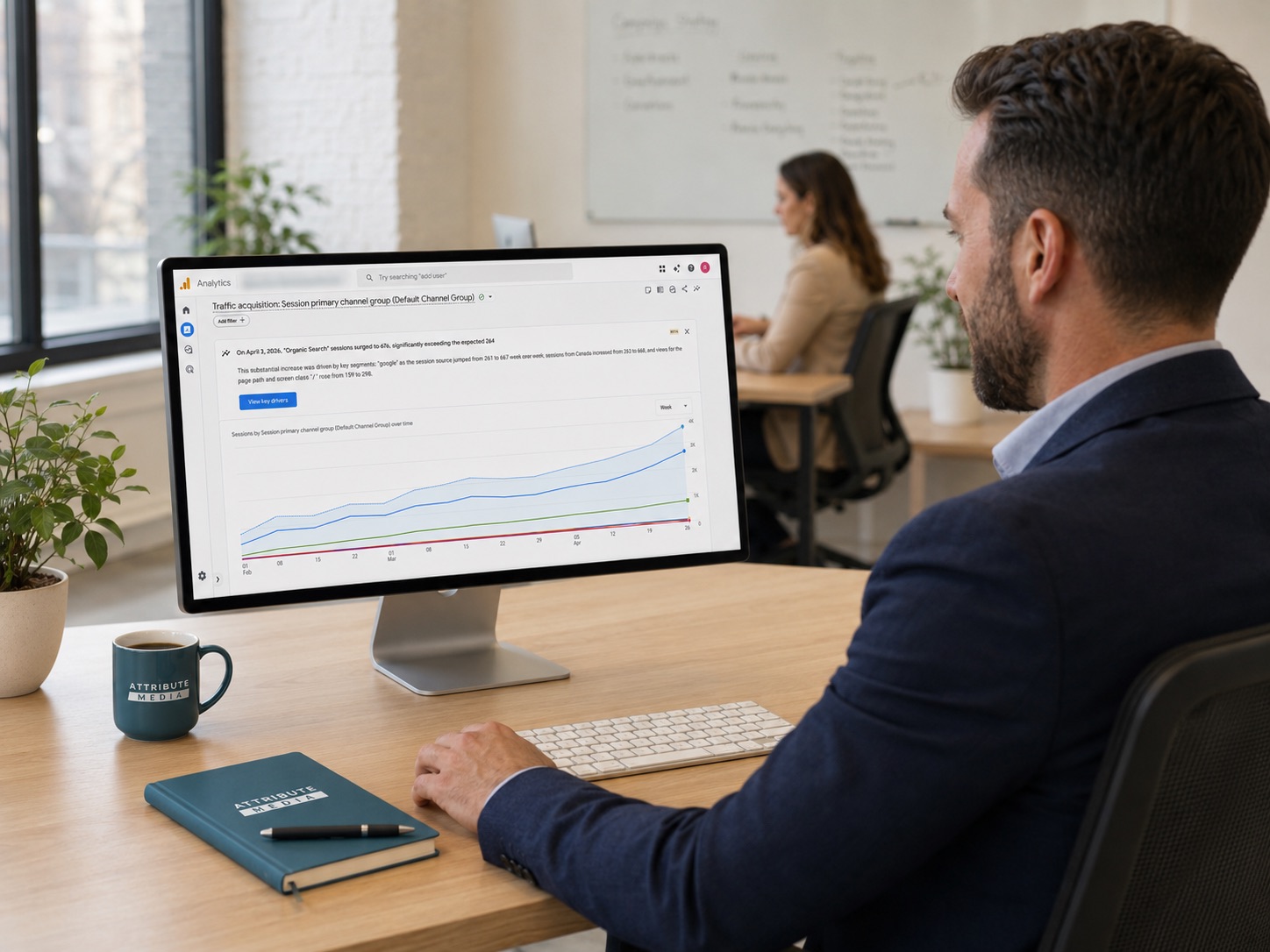 Reviewing a clinic client's organic search growth in Google Analytics at the Attribute Media studio