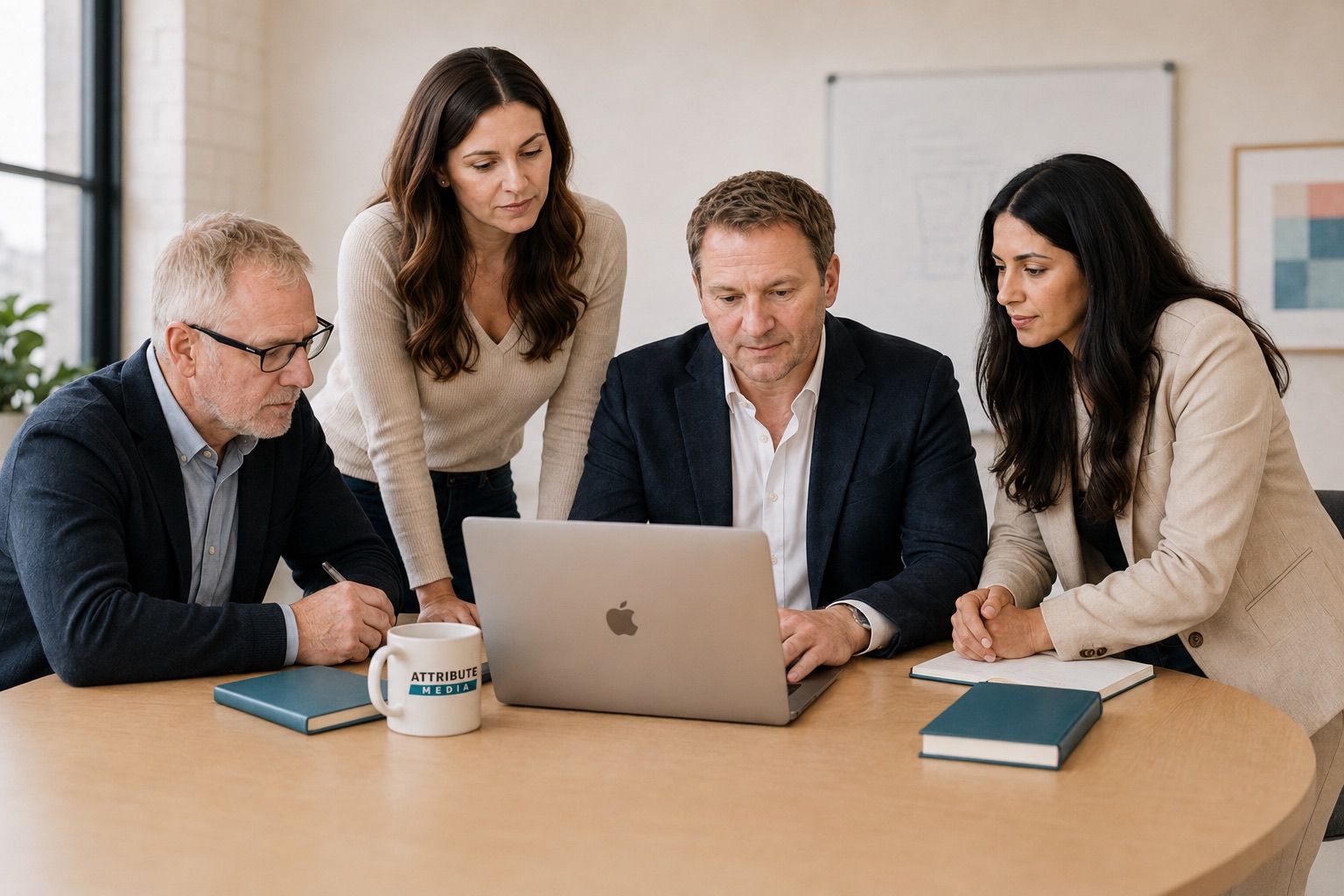 The Attribute Media team reviewing a dental patient campaign together