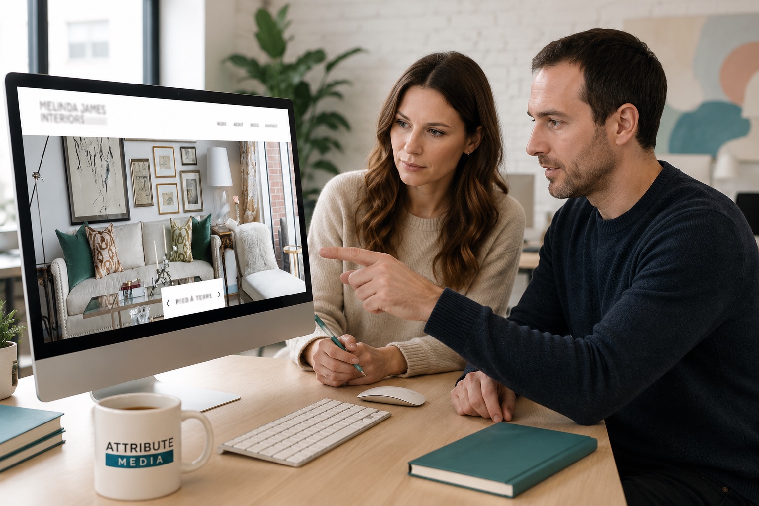 Attribute Media designers reviewing the Melinda James Interiors website build